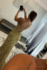 Charming Mermaid V Nekc Gold Sequins Long Prom Dresses with Slit